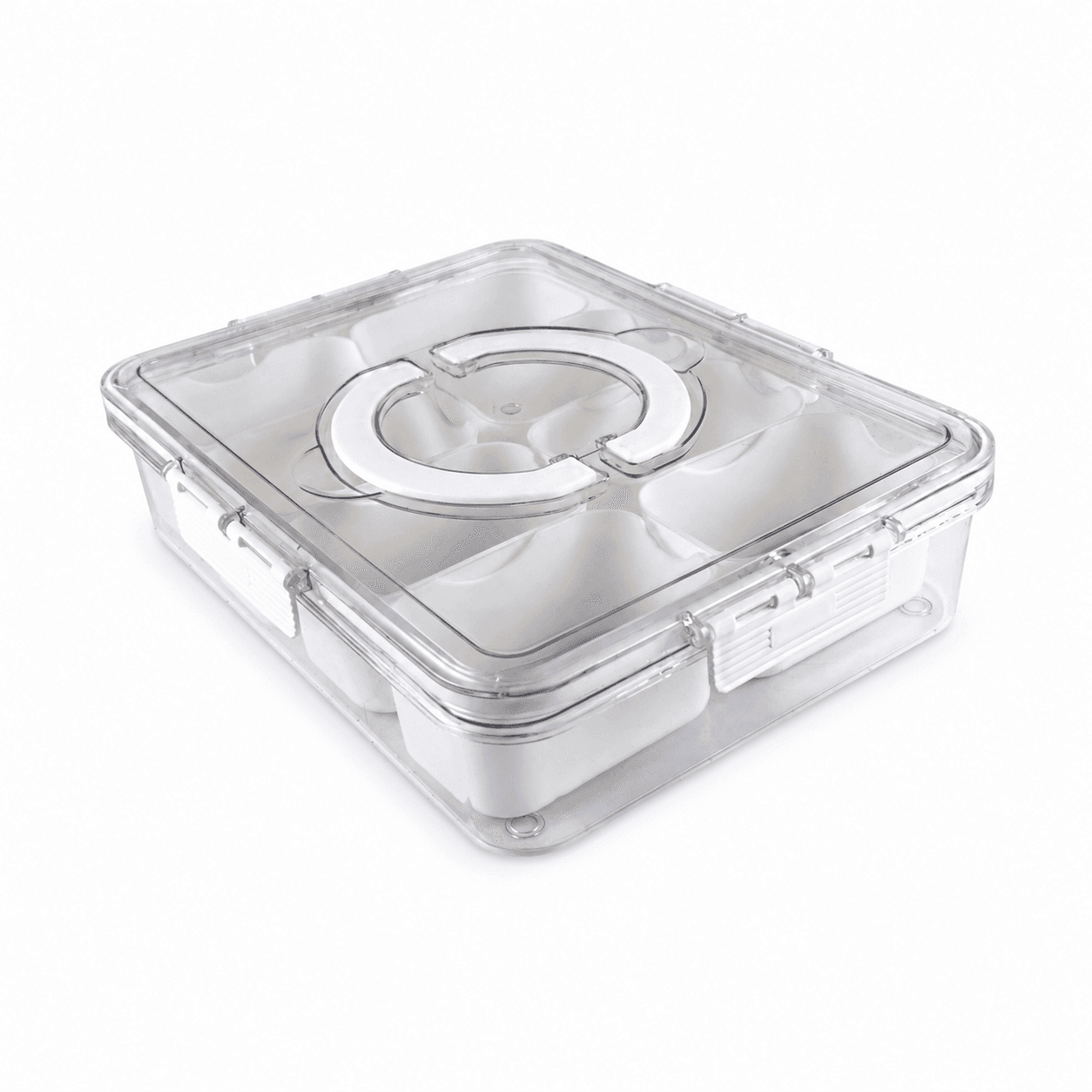 Clear 6-Compartment Food Storage Container with Center Handle and Drain Tray 2