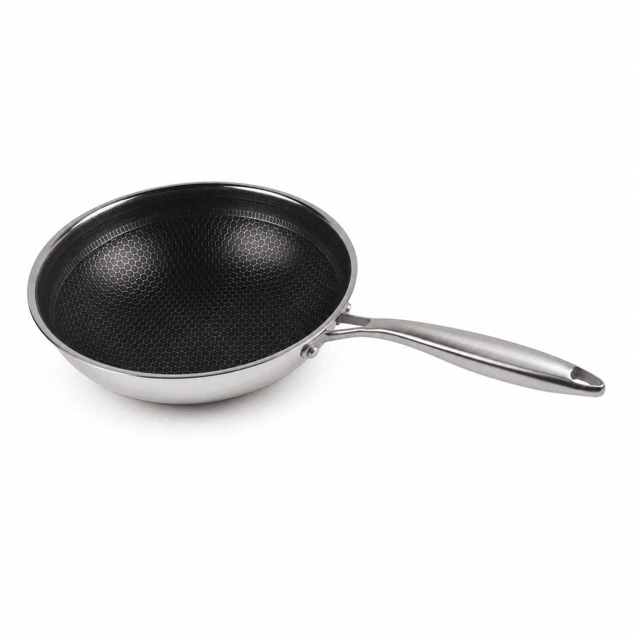 Tri-ply stainless steel pan with a glossy finish, no lid, 1.6L capacity, size 28 × 8 cm.