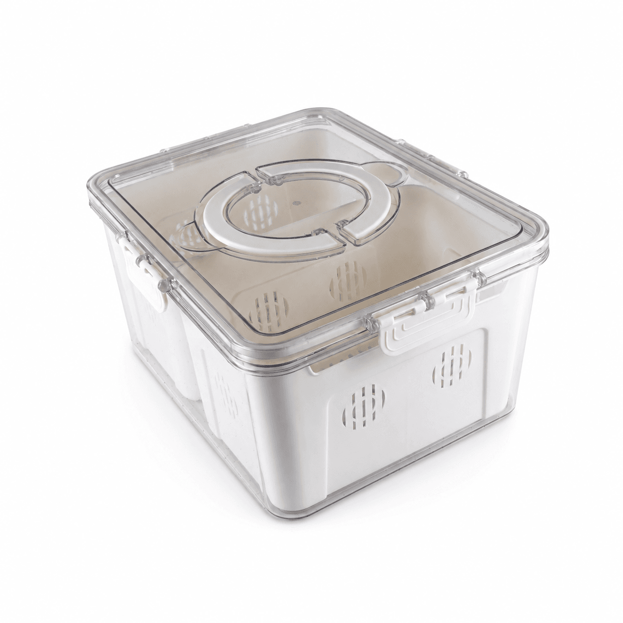 Clear 2-Compartment Food Storage Container with Center Handle and Drain Tray 2