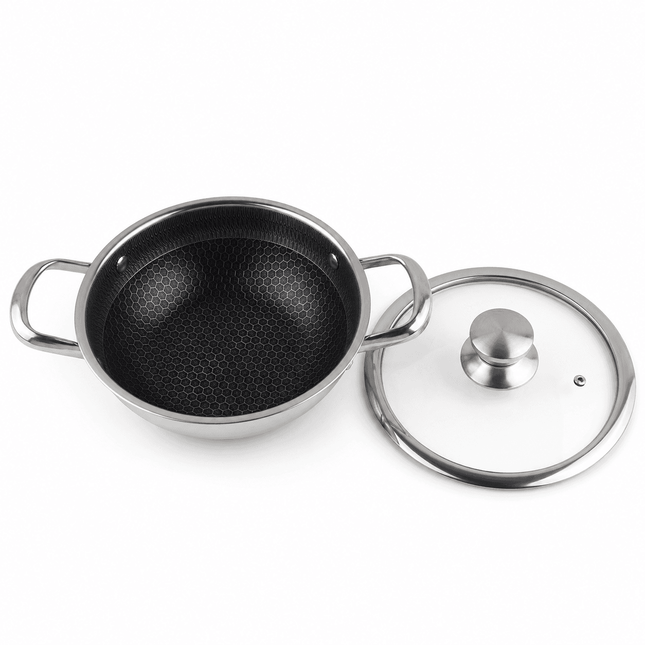 Stainless steel pan with side handles and lid, size 22 × 7 cm, suitable for light cooking. 3