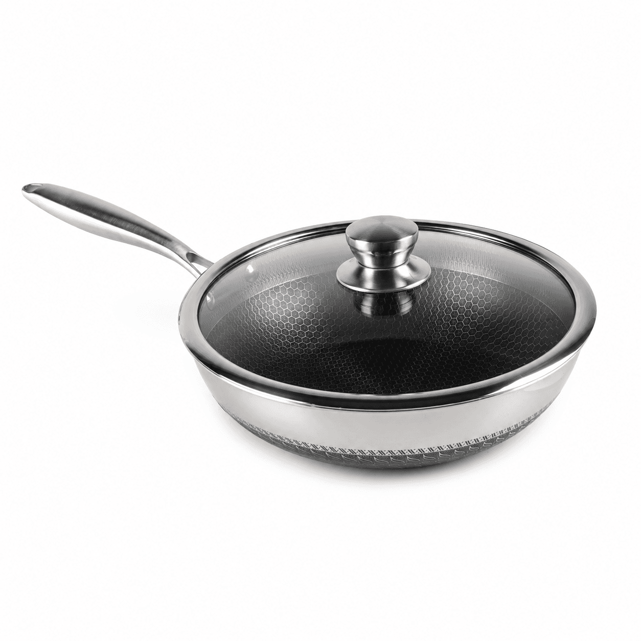 Tri-ply stainless steel pan with lid and glossy finish, 3.1L capacity, size 30 × 8.5 cm. 2