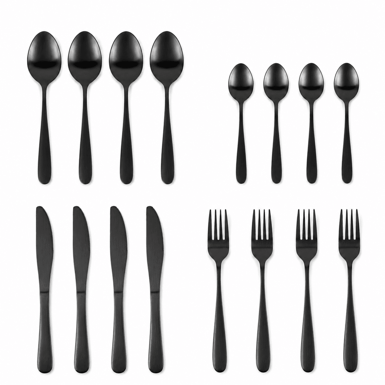 16-piece black cutlery set with a simple design, suitable for everyday table use. 3