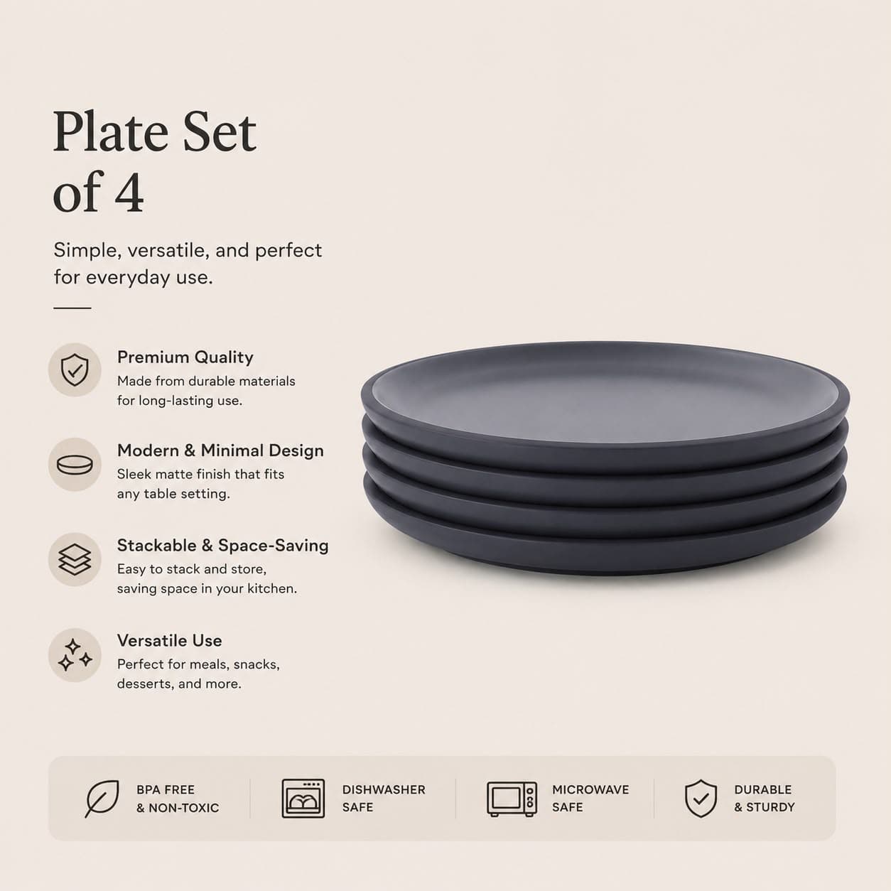 Luxury Round Matte Gray Melamine Serving Plate Set of 4 Pieces – Size 18×18×2 cm


 6