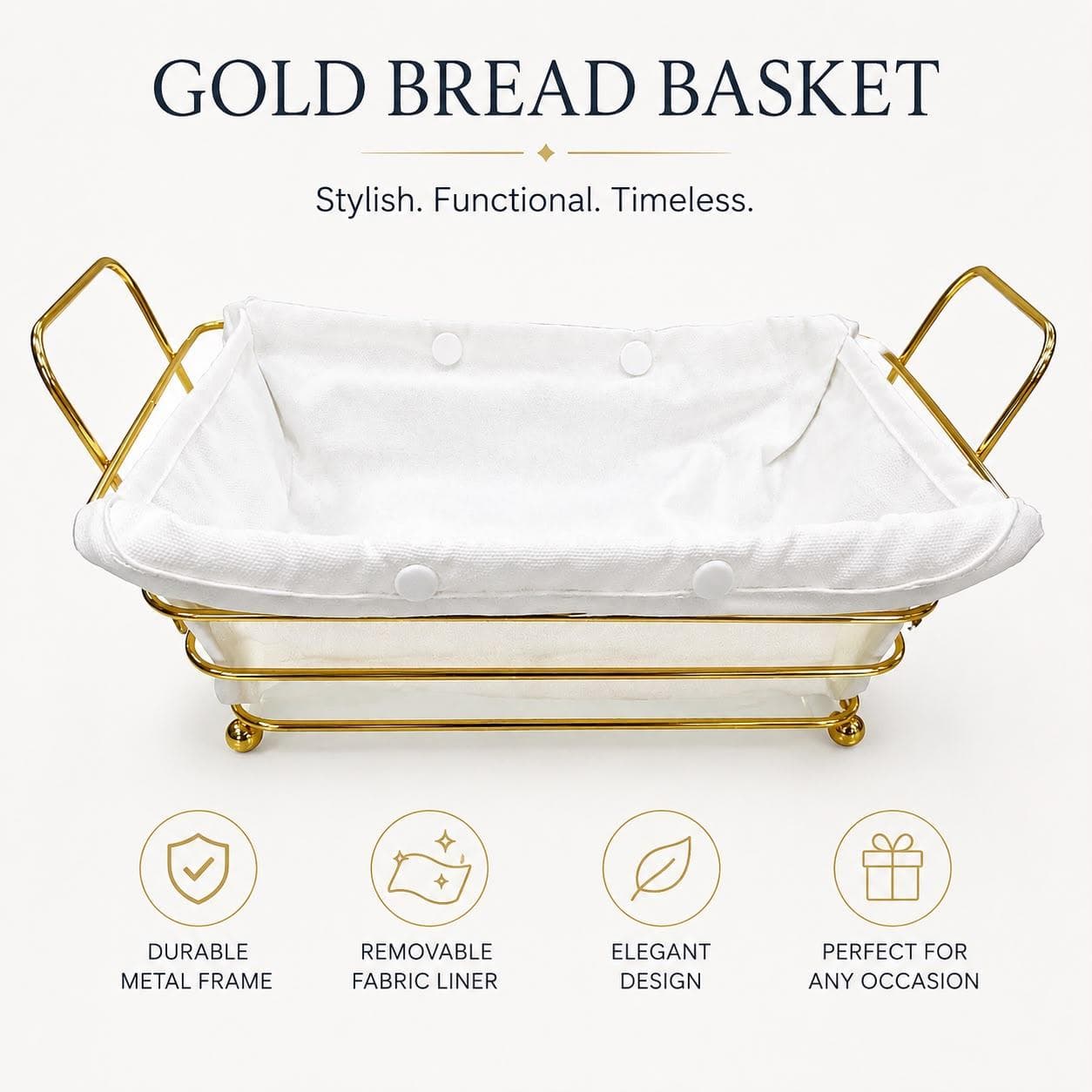 Rectangular Gold Metal Serving Basket with Handles for Bread & Fruits 7
