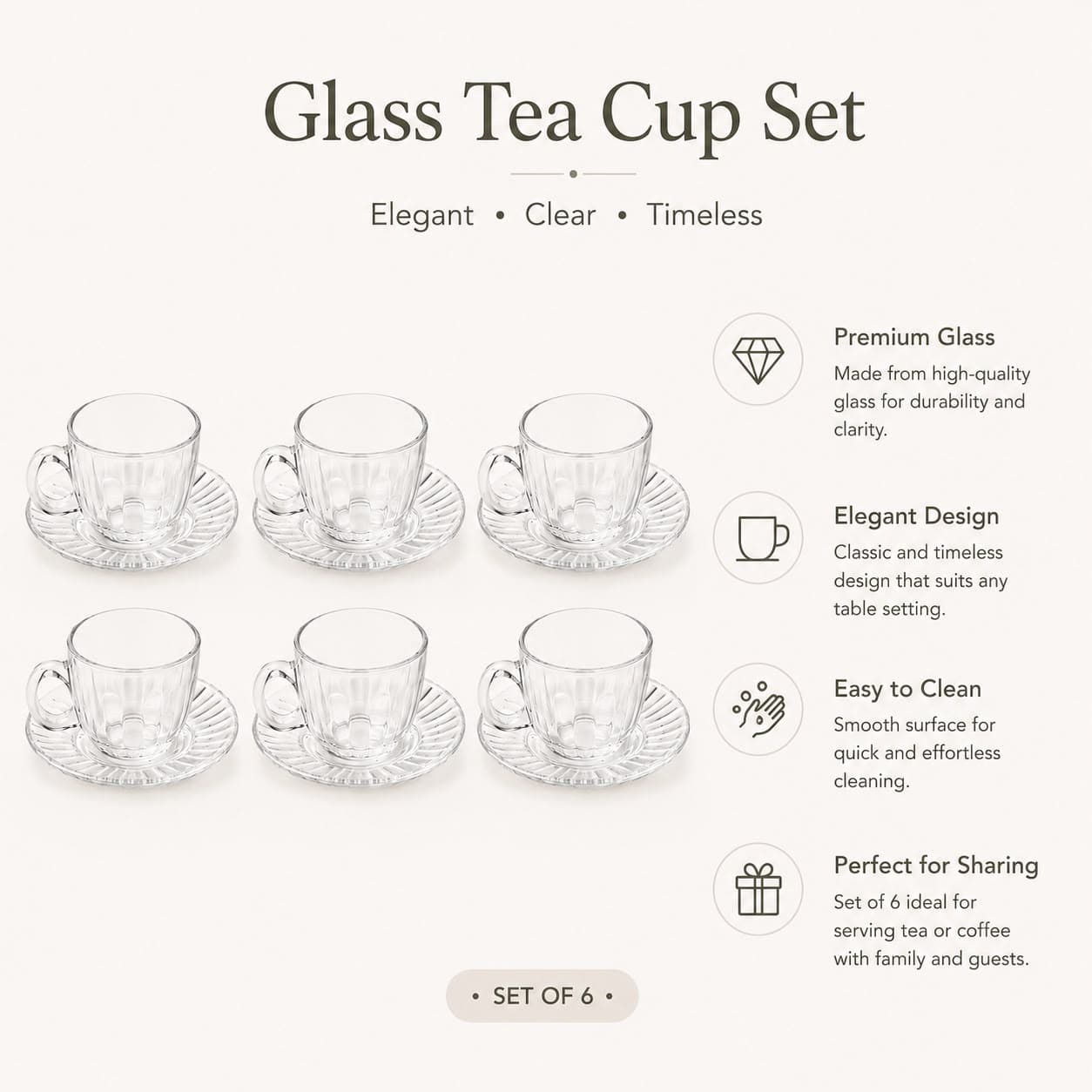 Ribbed Glass Coffee Cup & Saucer Set (6 Pieces) 7