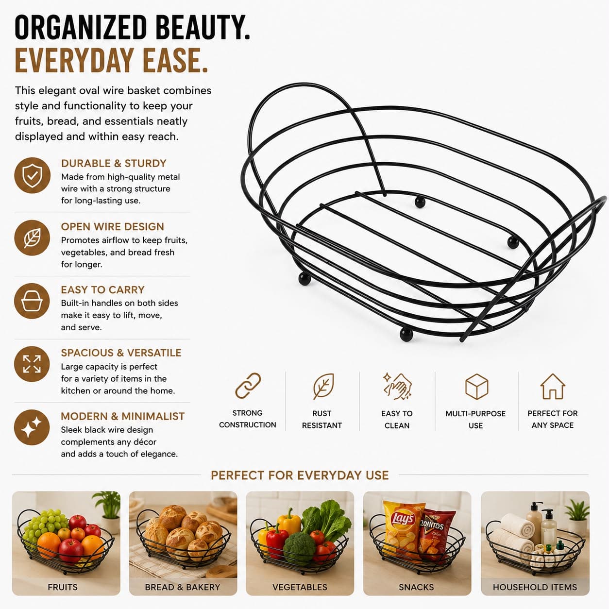 Oval Bread Serving Basket with Metal Base Size 28×20×7 cm
 8