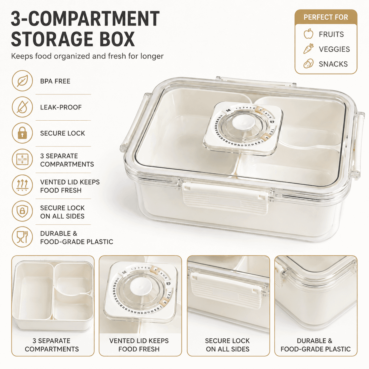 PET Sealed 3-Compartment Fruit Storage Container with Date Indicator 8
