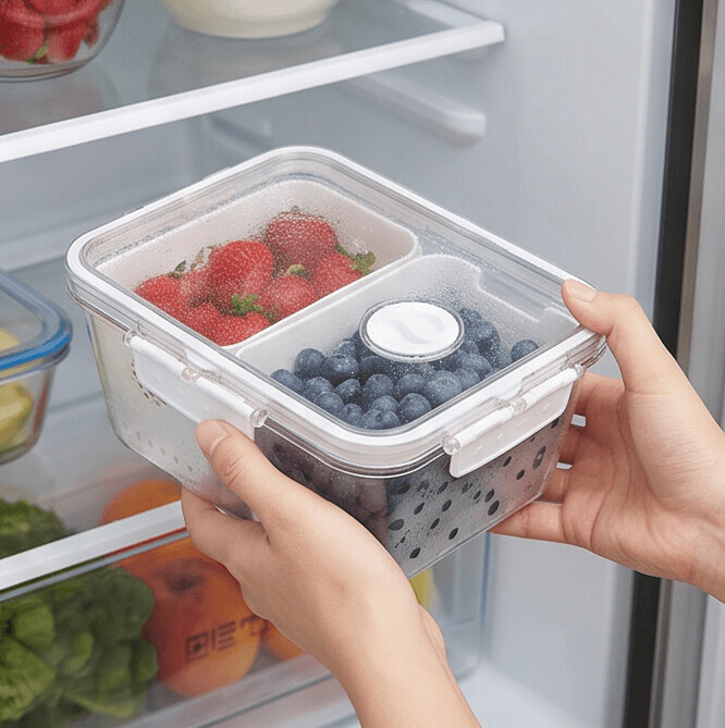 Clear 2-Compartment Food Storage Container with Foldable Carry Handle and Drain Tray 5