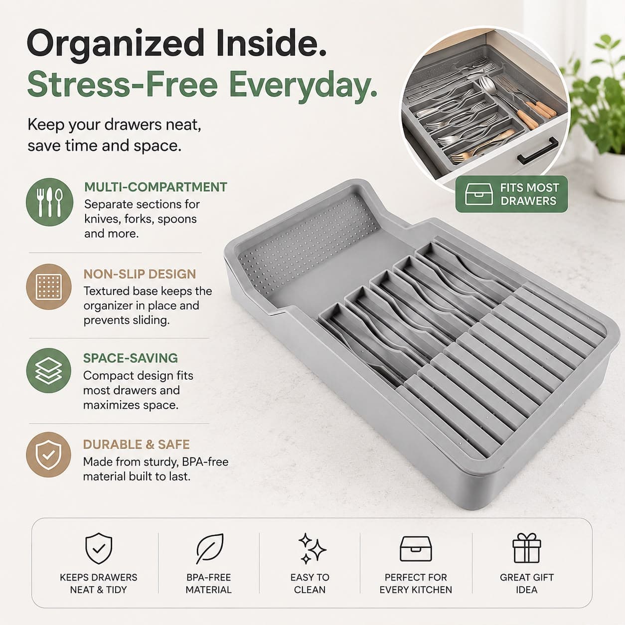 Adjustable Kitchen Drawer Organizer (Gray) 8