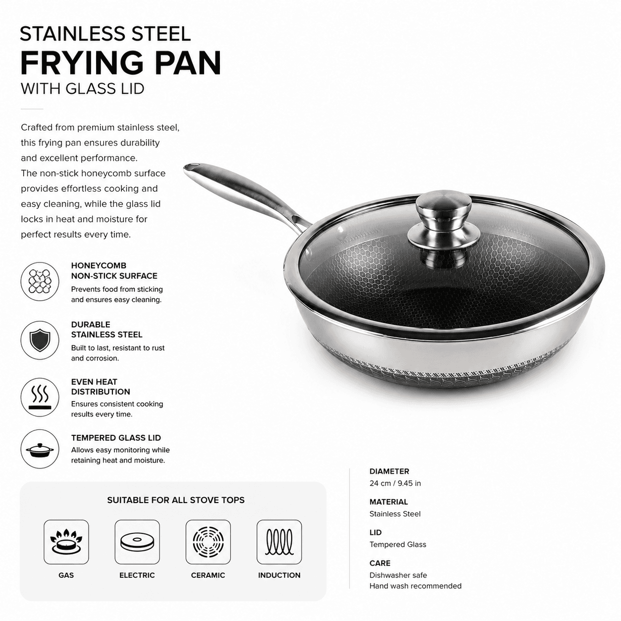 Tri-ply stainless steel pan with lid and glossy finish, 3.1L capacity, size 30 × 8.5 cm. 10
