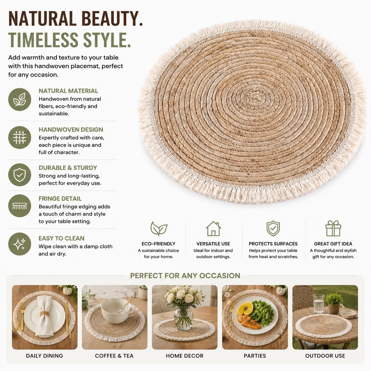 Round Natural Wicker Placemat with Fringe Edges and Spiral Design to Protect the Table – Size 38 cm

 8