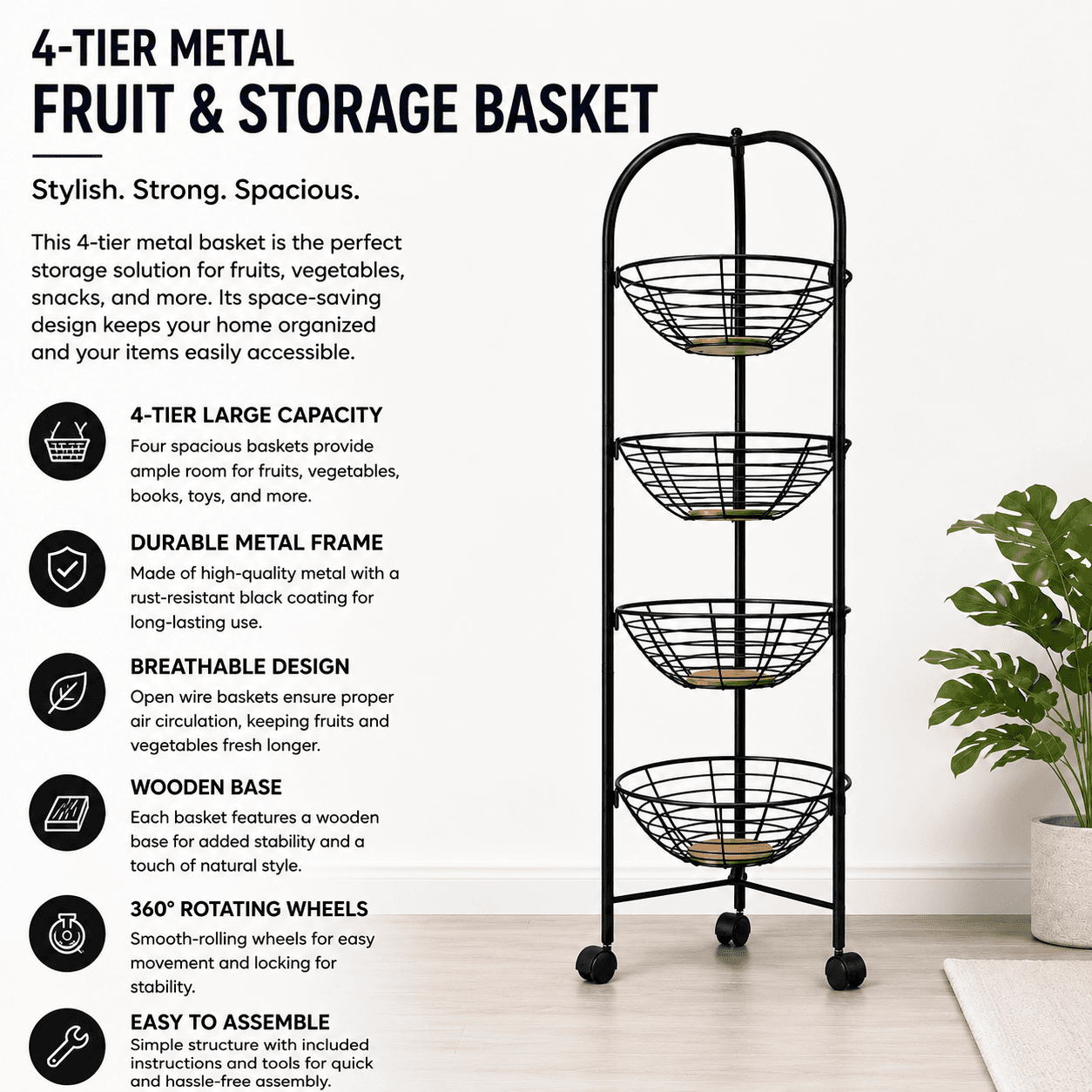 Metal Storage Cart with Four Tiers and Wheels - Black 9