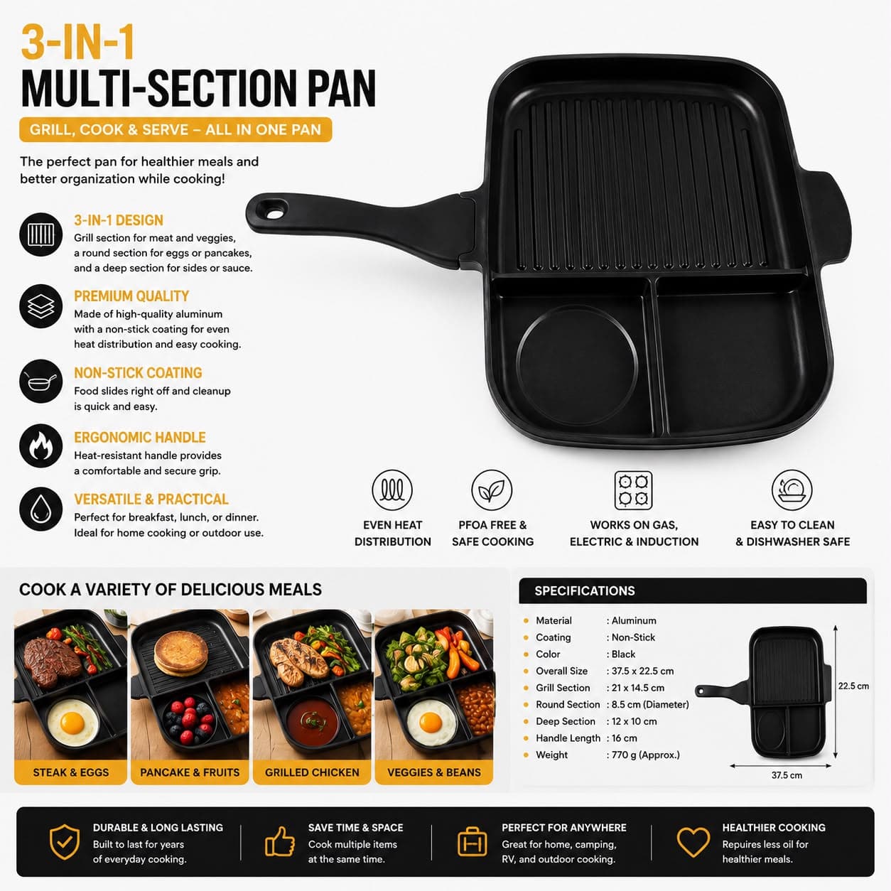 Multi-function square grill pan with a comfortable handle, ideal for grilling. 9