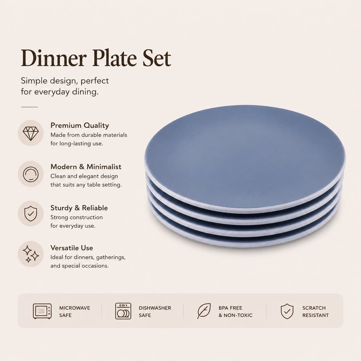 Round Melamine Serving Plate Set of 4 - Matte Blue - 25.7cm 6