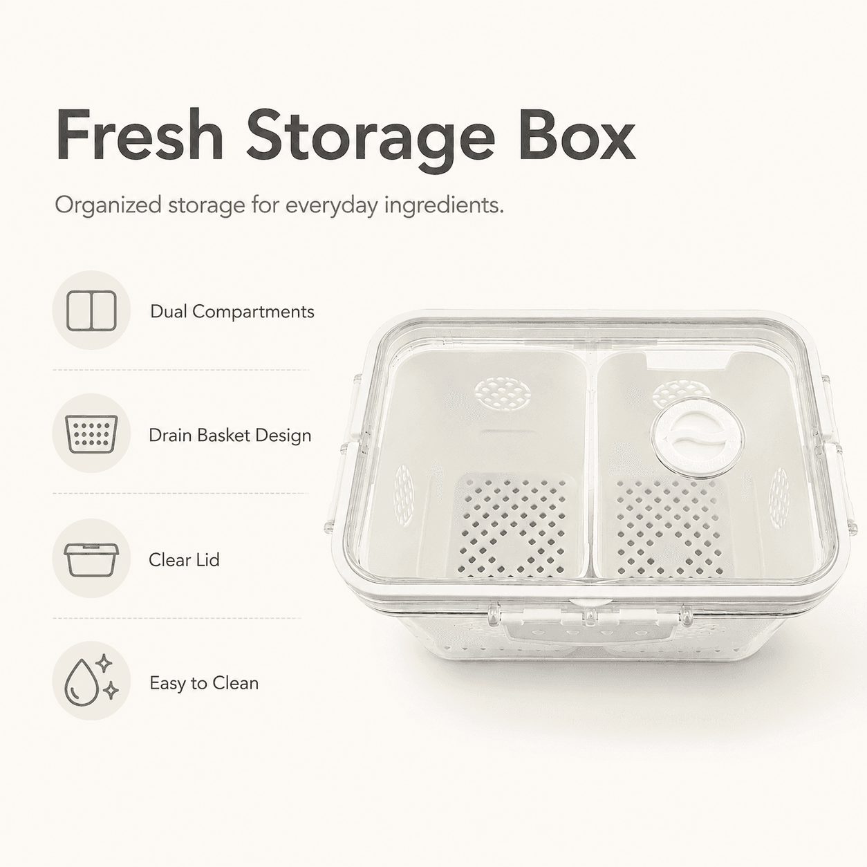 Clear 2-Compartment Food Storage Container with Foldable Carry Handle and Drain Tray 6