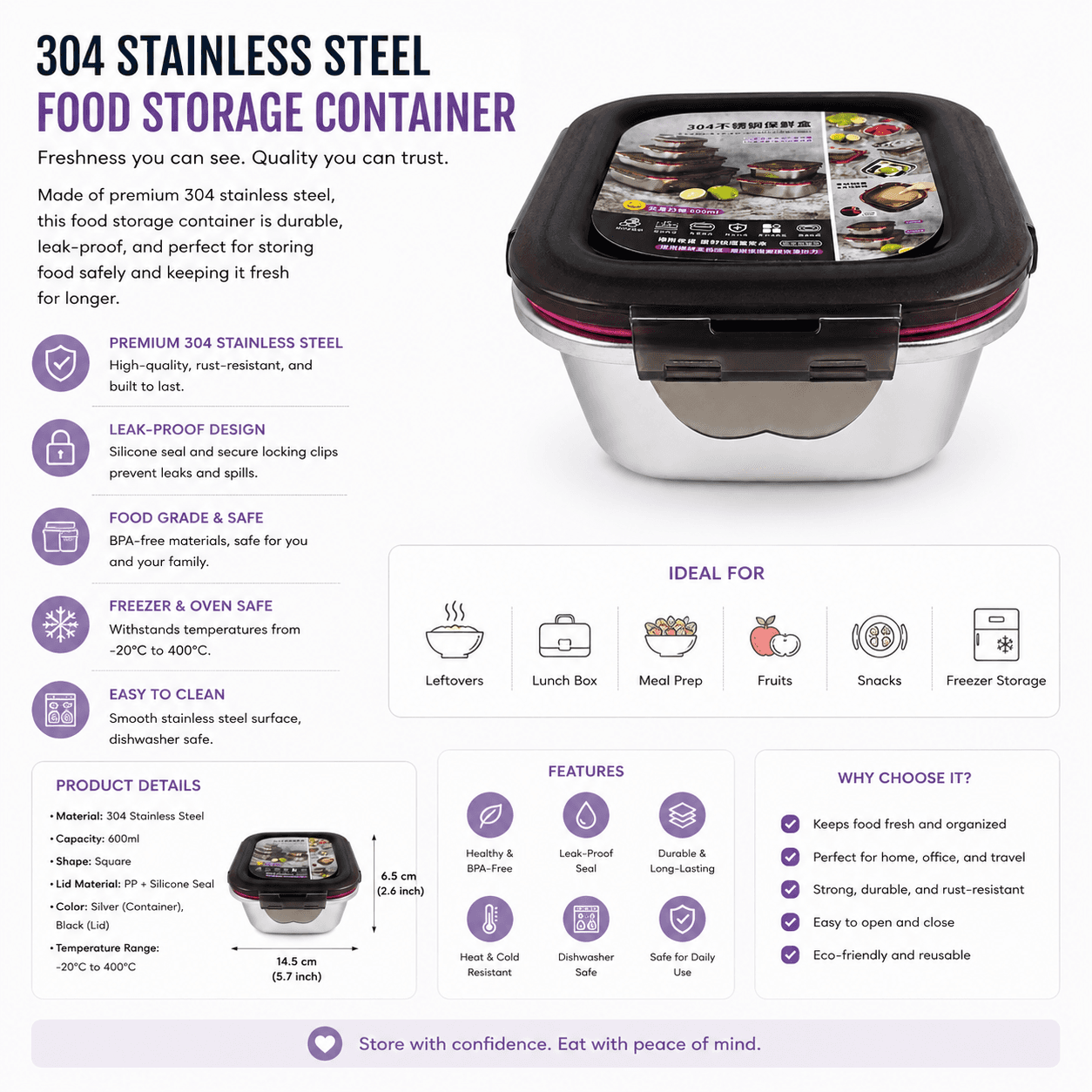 Square Stainless Steel Food Storage Container with Airtight Lid - 600 ML 7