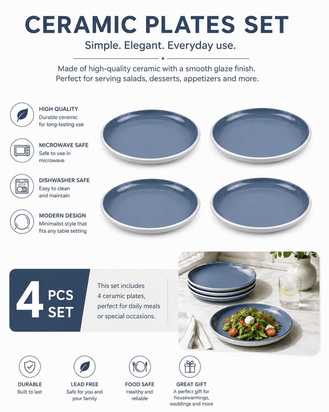 Round Melamine Serving Plates 18 cm - Set of 4 - Matte Blue 8