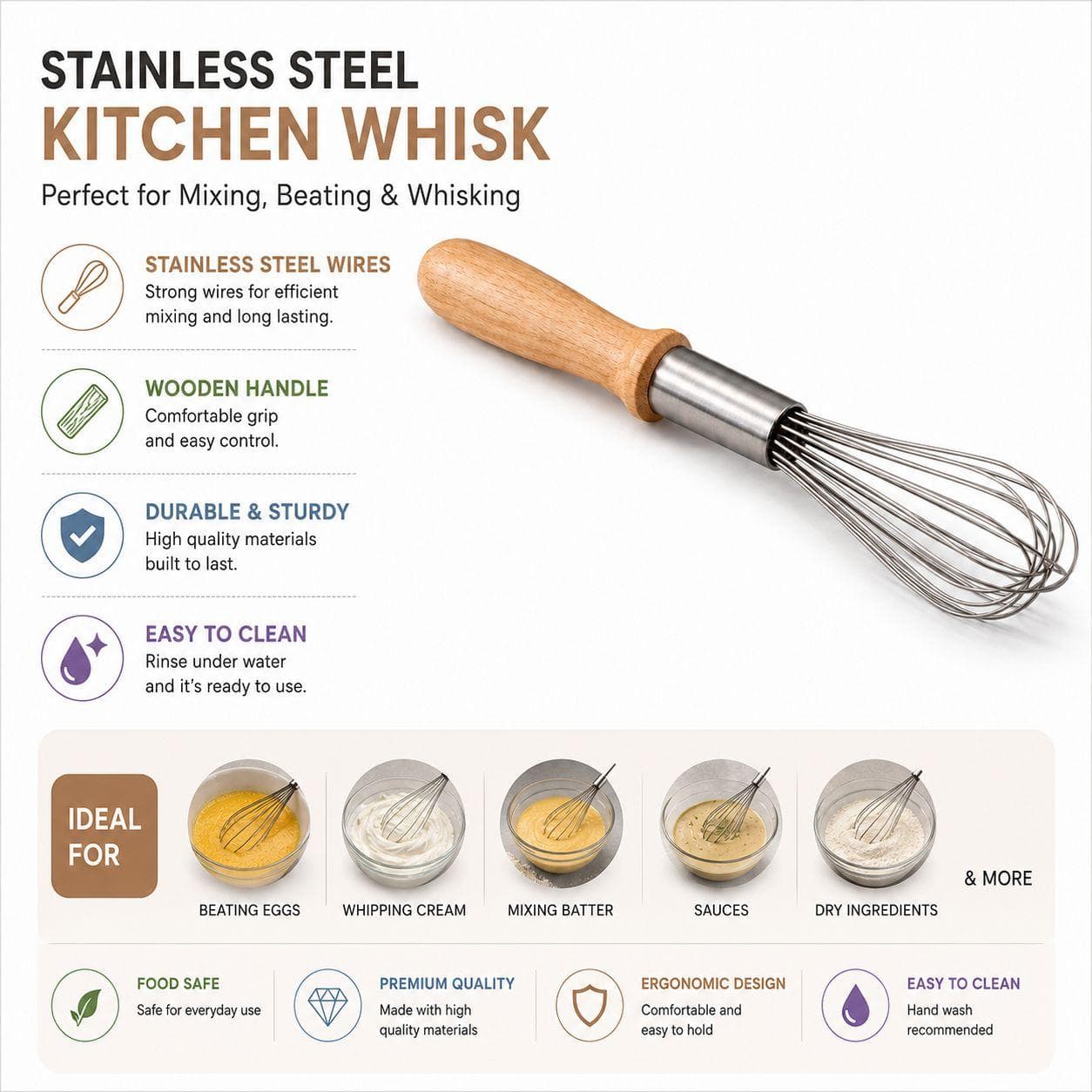 Manual Egg Whisk with Wooden Handle - Large 7