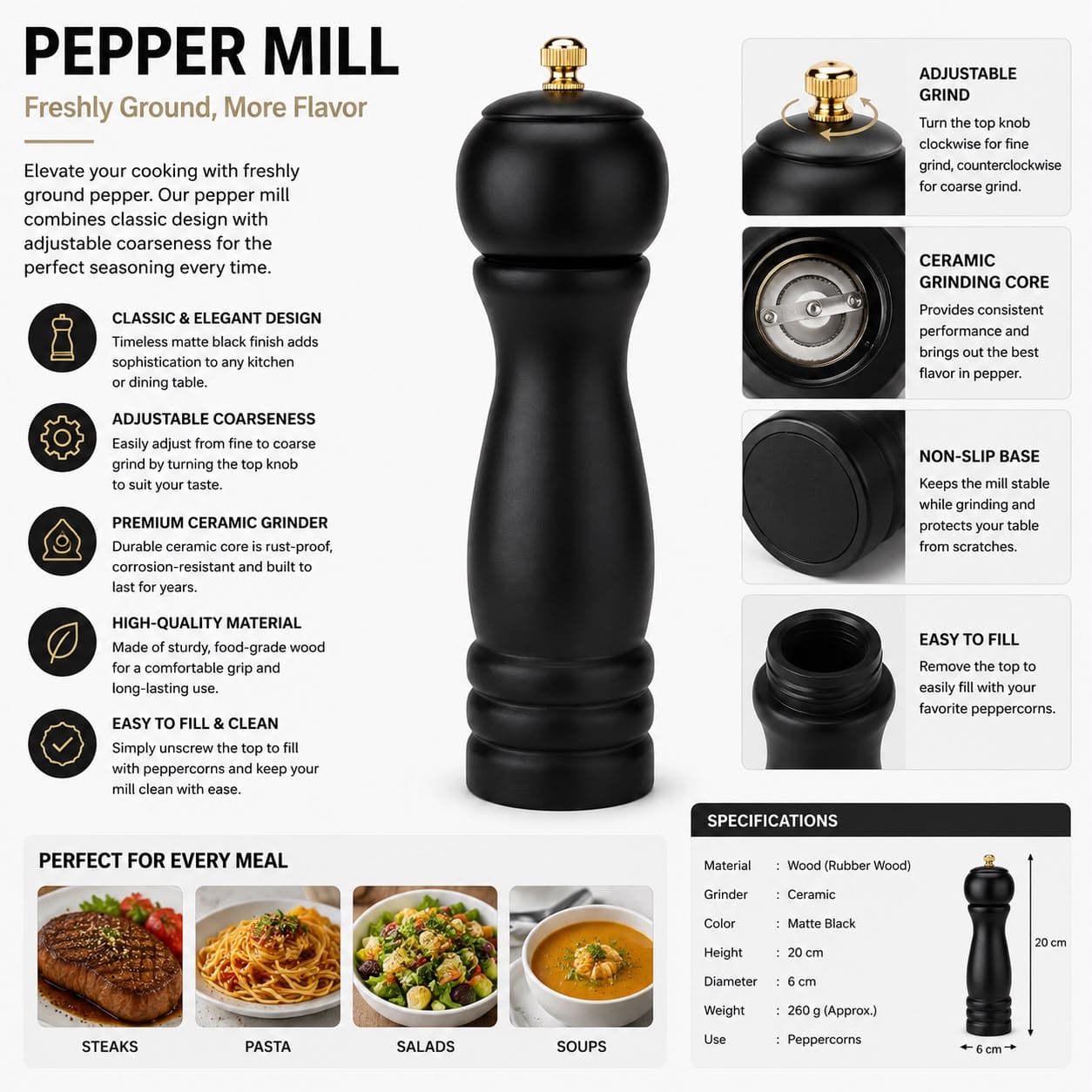 Wooden Pepper & Spice Grinder Classic Design Black
 6