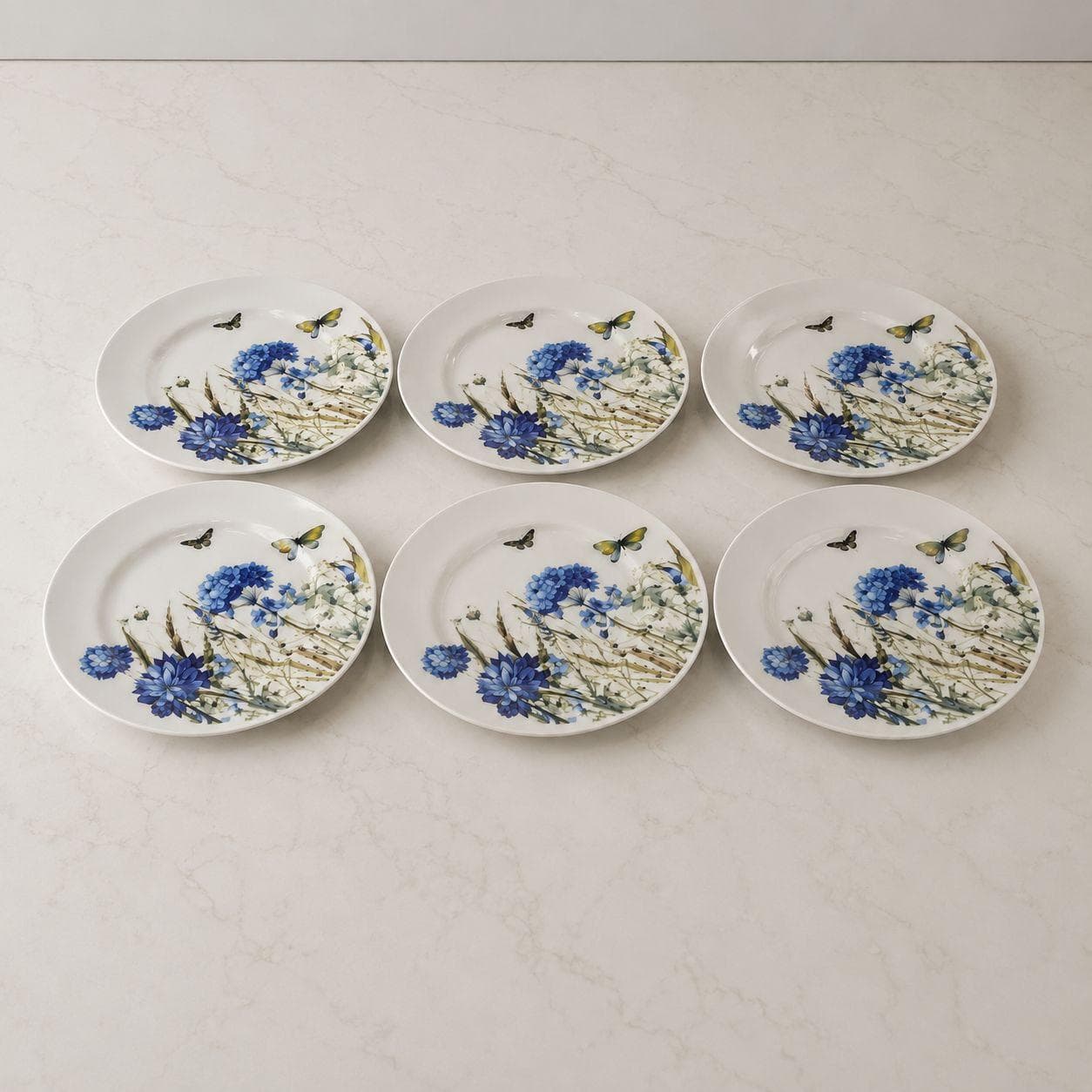 White Porcelain Plate Set - Blue Floral & Butterfly Design - 6 Pieces 2