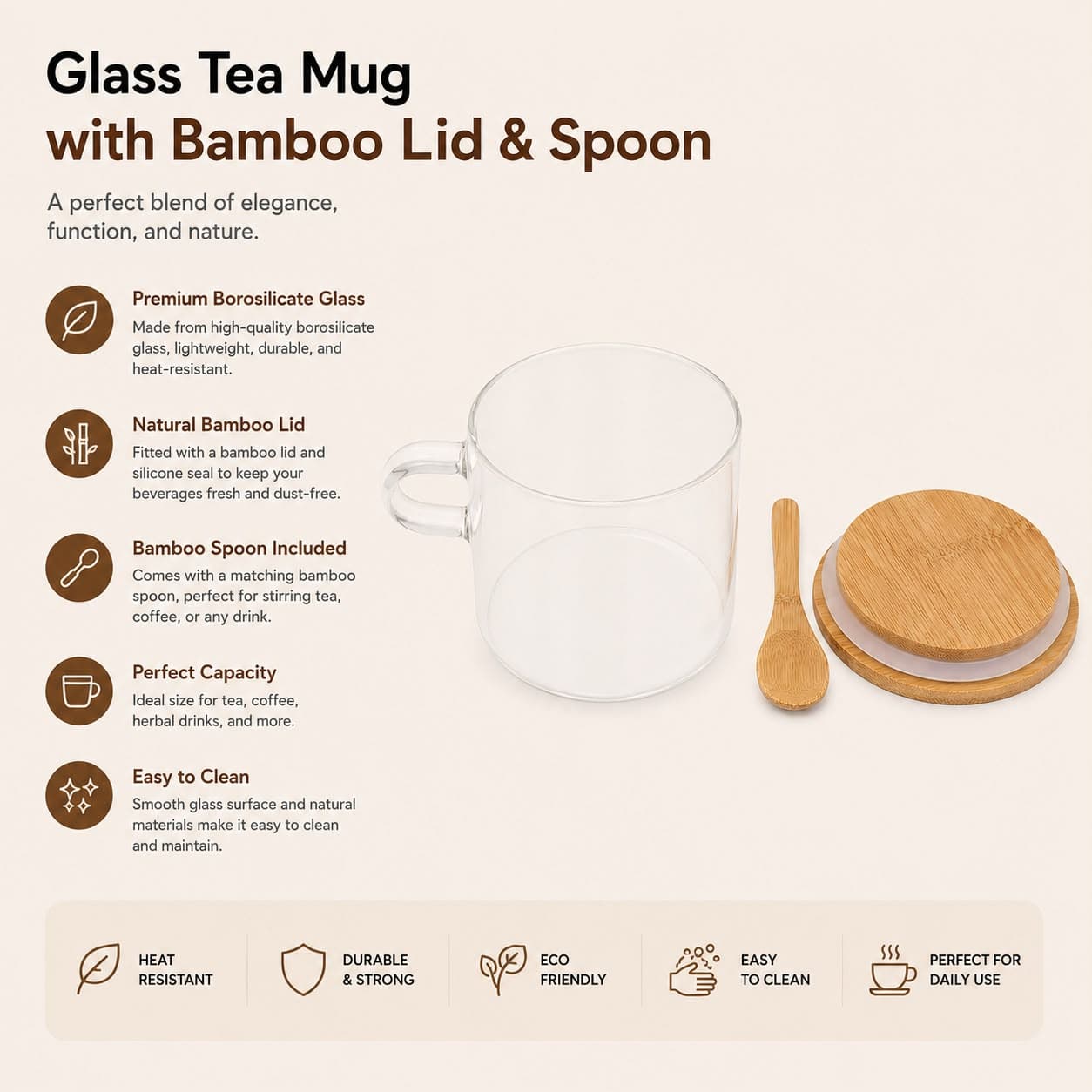 Clear Glass Airtight Storage Jar with Bamboo Lid and Wooden Spoon for Food and Spices – Size 8.5×8 cm

 5