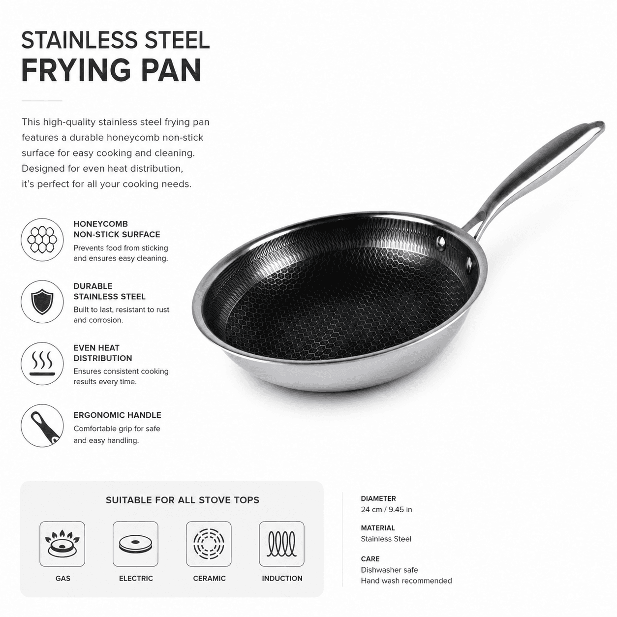 Stainless Steel Frying Pan with Textured Surface, No Lid - Suitable for Quick Frying - 24x7.5cm