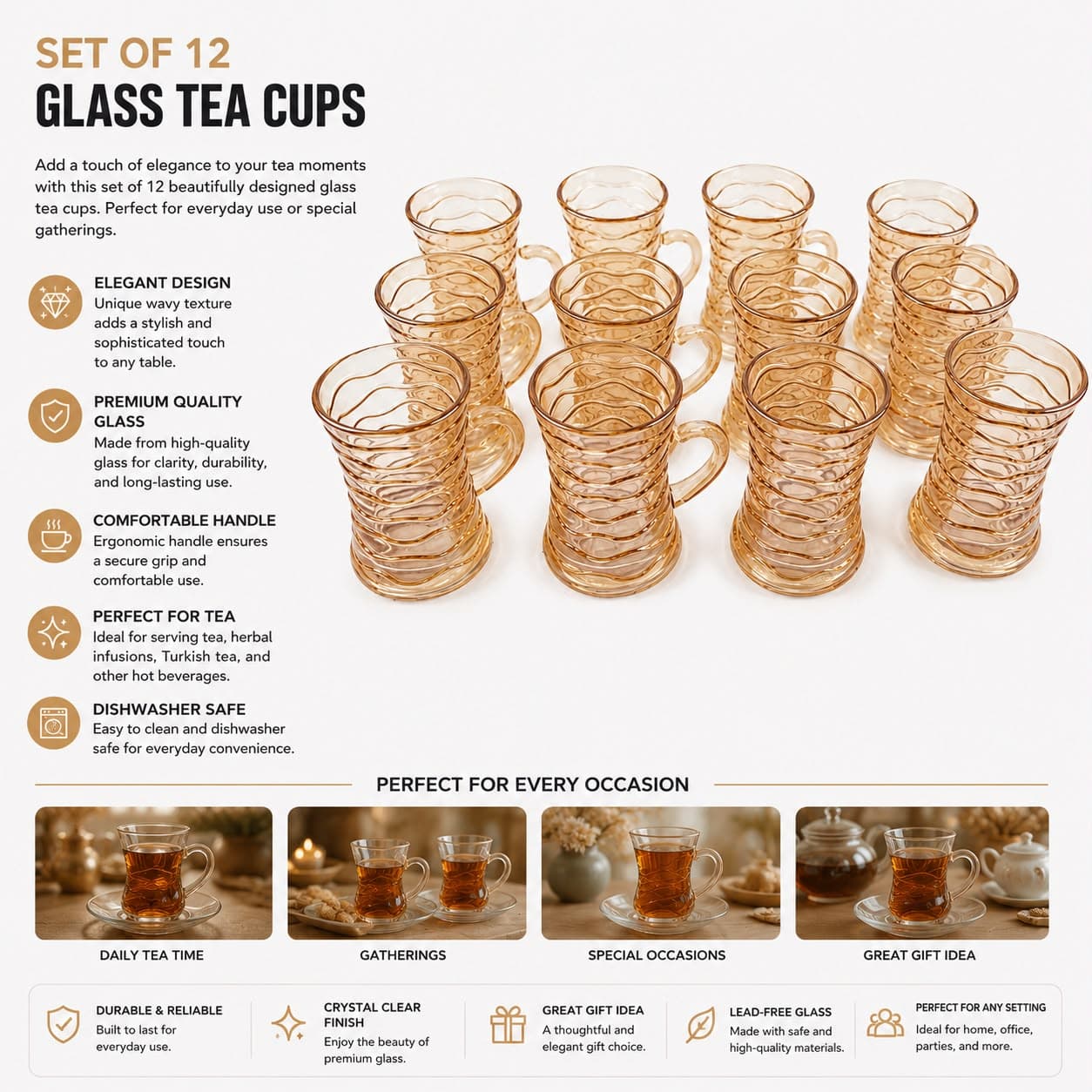 Amber Crystal Pattern Glass Cups Set – 6PCS 5