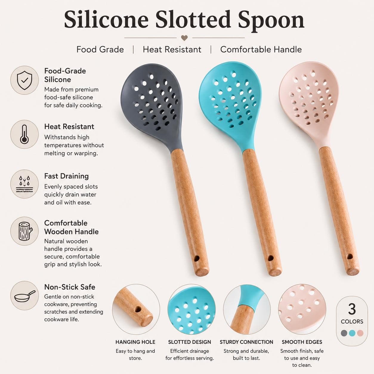 Silicone Strainer Spoon with Wooden Handle (32×8.5 cm) - Sky Blue 3