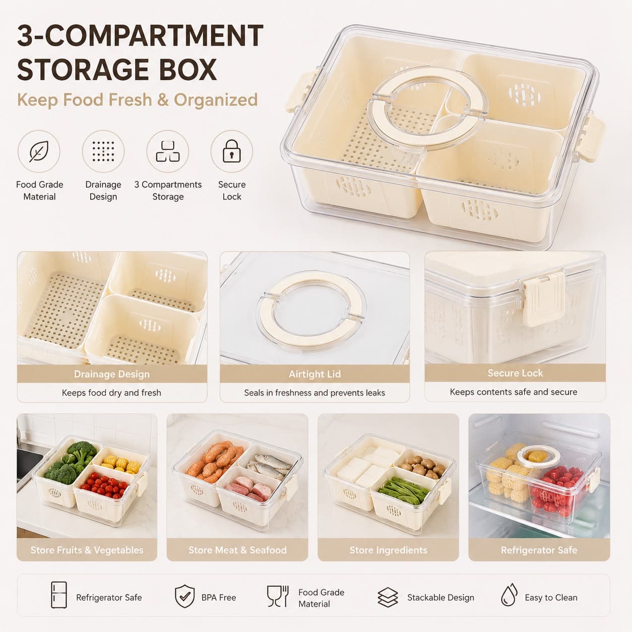 Large Tall Fridge Storage Box with 3 Compartments 7