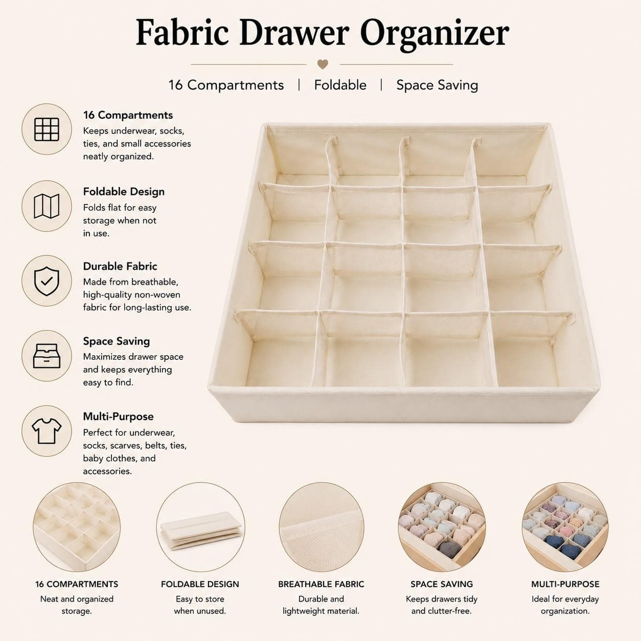 Fabric Drawer Organizer with multiple compartments, perfect for organizing socks, underwear, and accessories 10