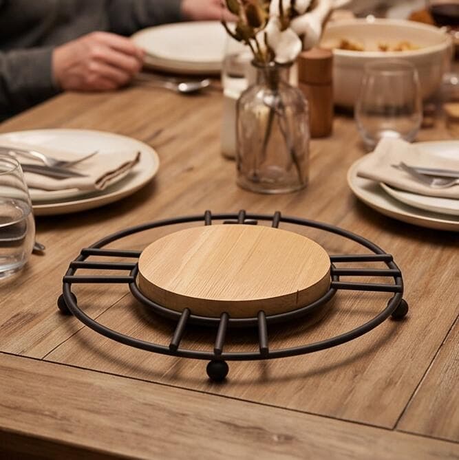 Round Metal Hot Pot Trivet with Wooden Base - Black 6