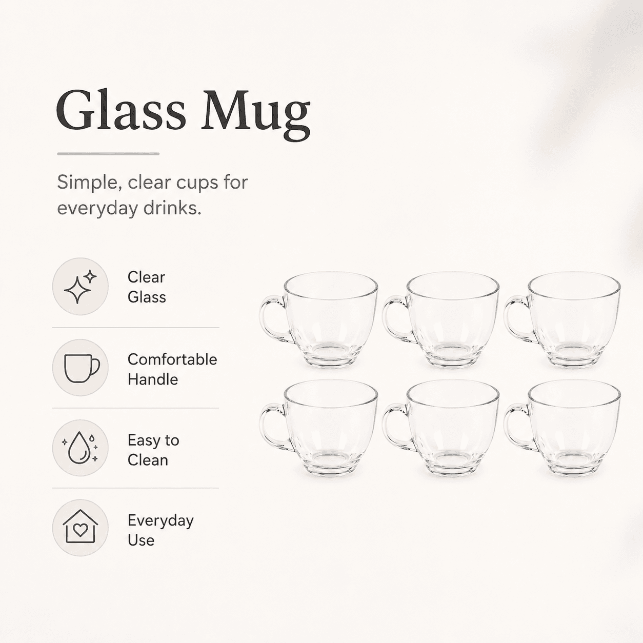 Multi-Purpose Glass Mug with Handle Set (6 Pieces)