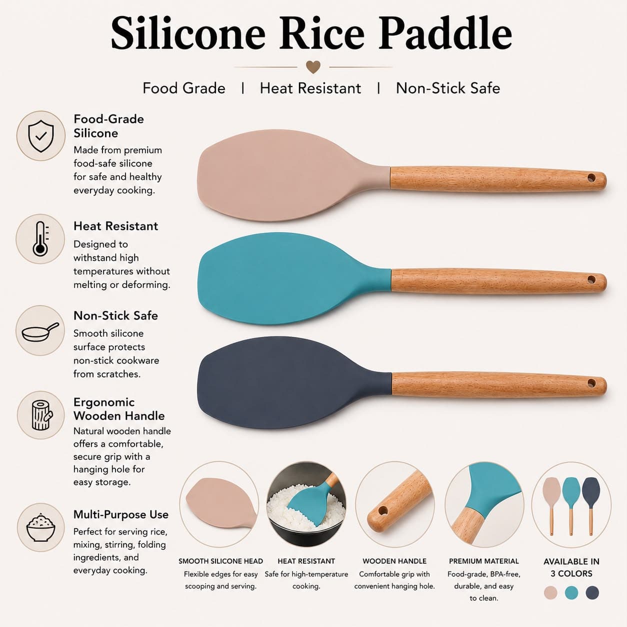 Slotted Silicone Serving Spoon with Wooden Handle (31.5×6.5 cm)