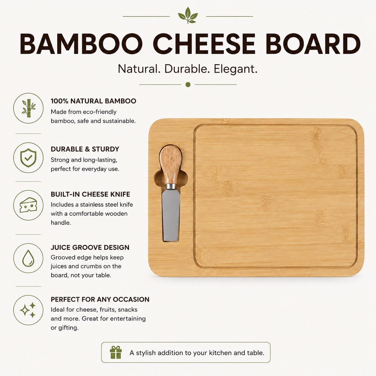 Luxury Bamboo Serving and Cutting Board with Handle and Cheese Knife – Size 36×23×1 cm

 6