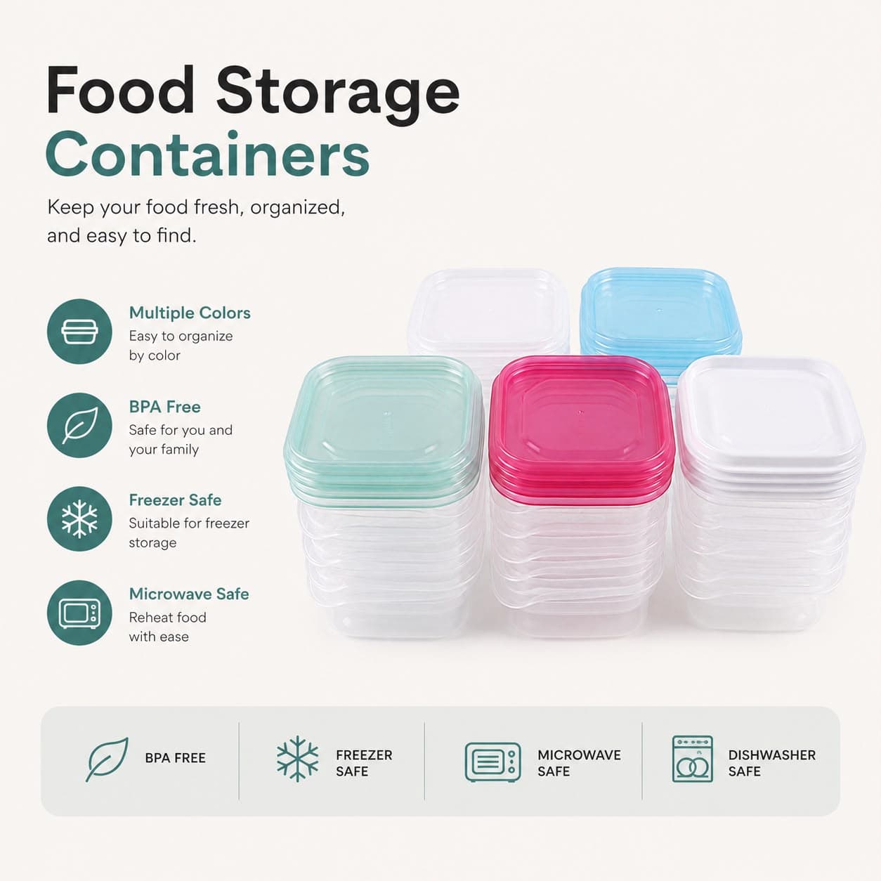 Square Stackable Food Storage Container Set - 4 Pieces - White 2