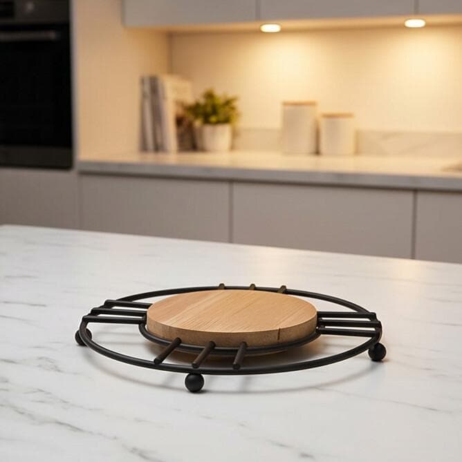 Round Metal Hot Pot Trivet with Wooden Base - Black 7