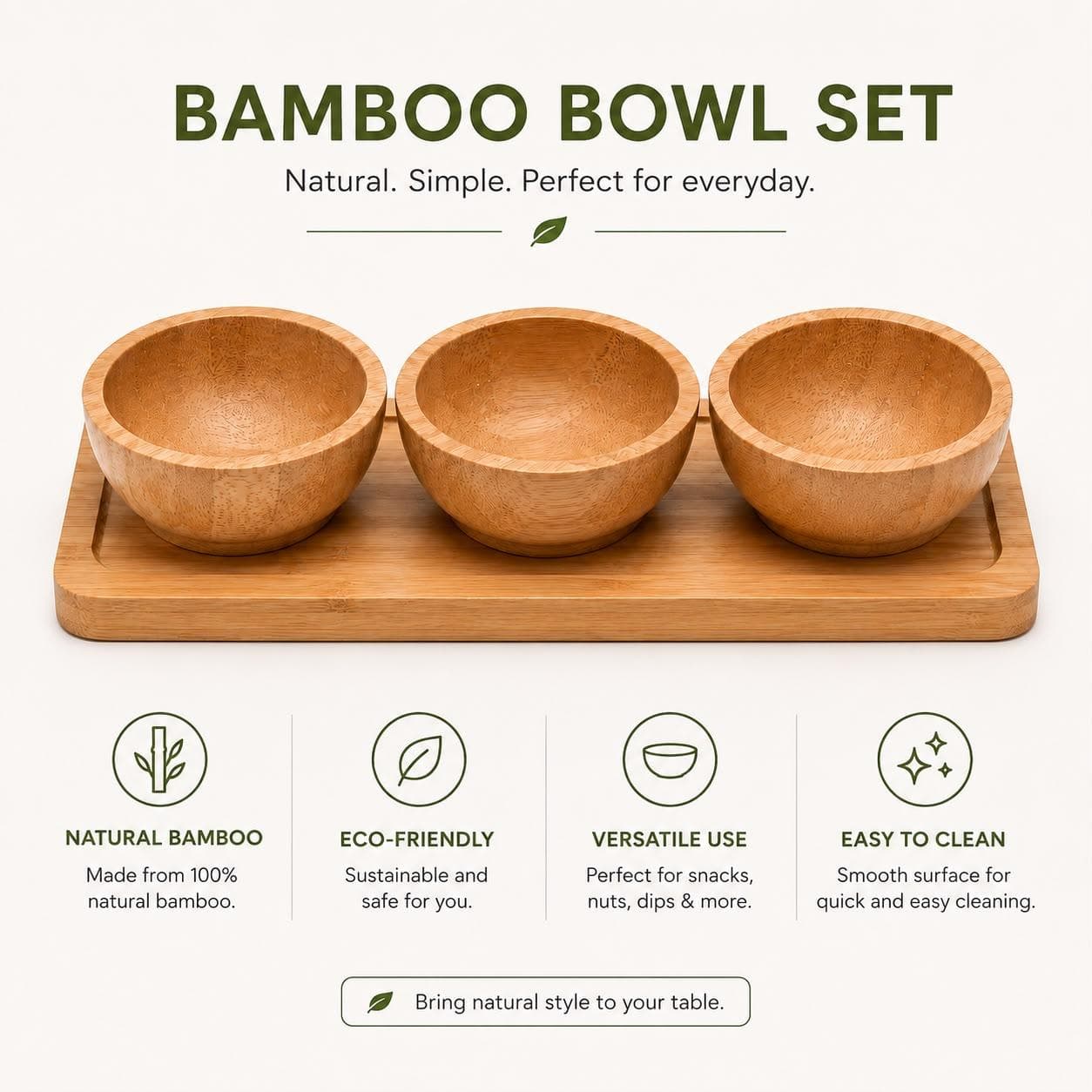 Bamboo Round Serving Bowl Set with Tray - 3 Pcs 7