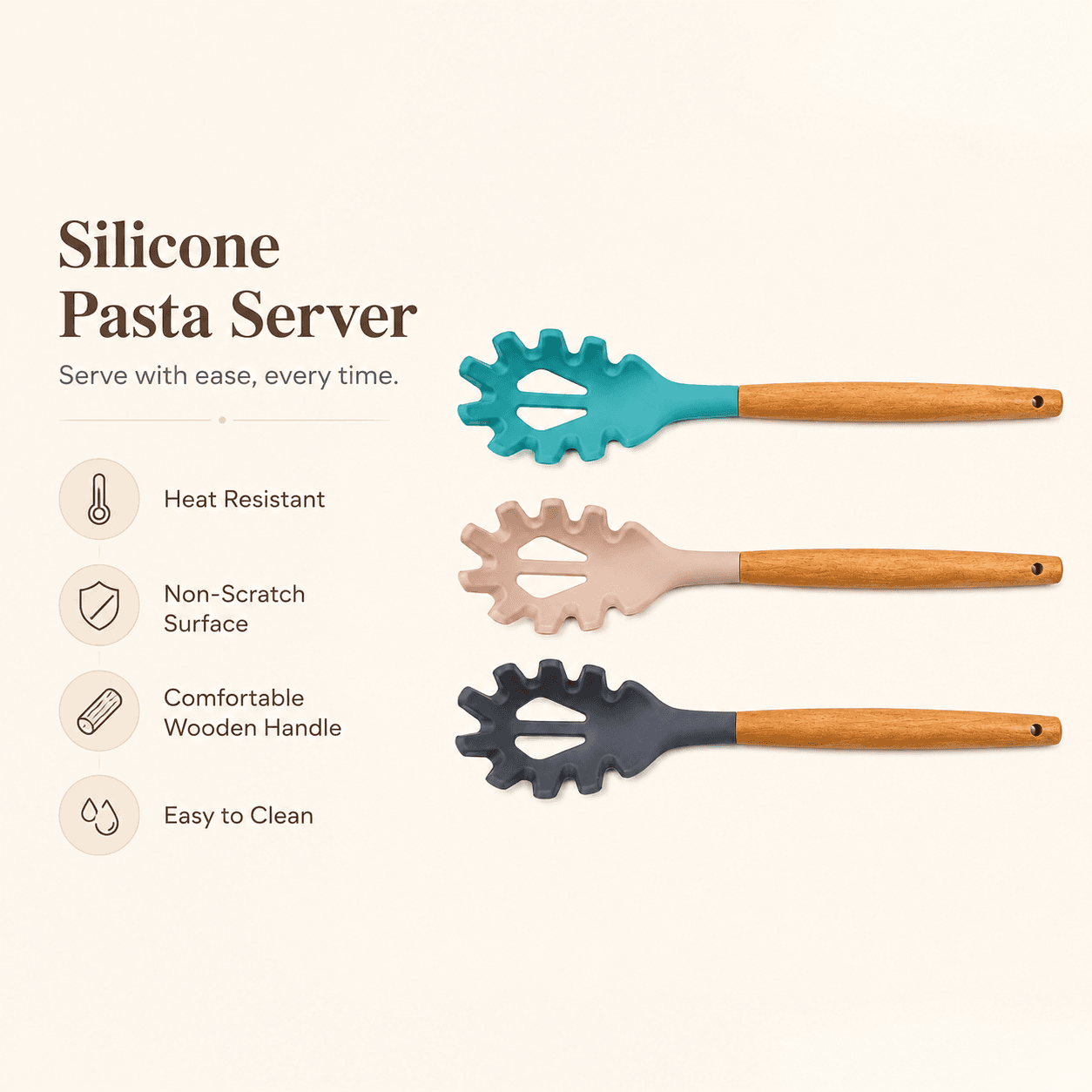 Slotted Silicone Serving Spoon with Wooden Handle (32×6.5 cm) - Sky Blue 2