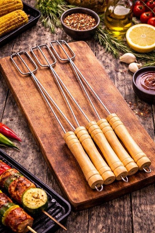 Stainless Steel BBQ Skewers with Wooden Handle - Set of 4 1