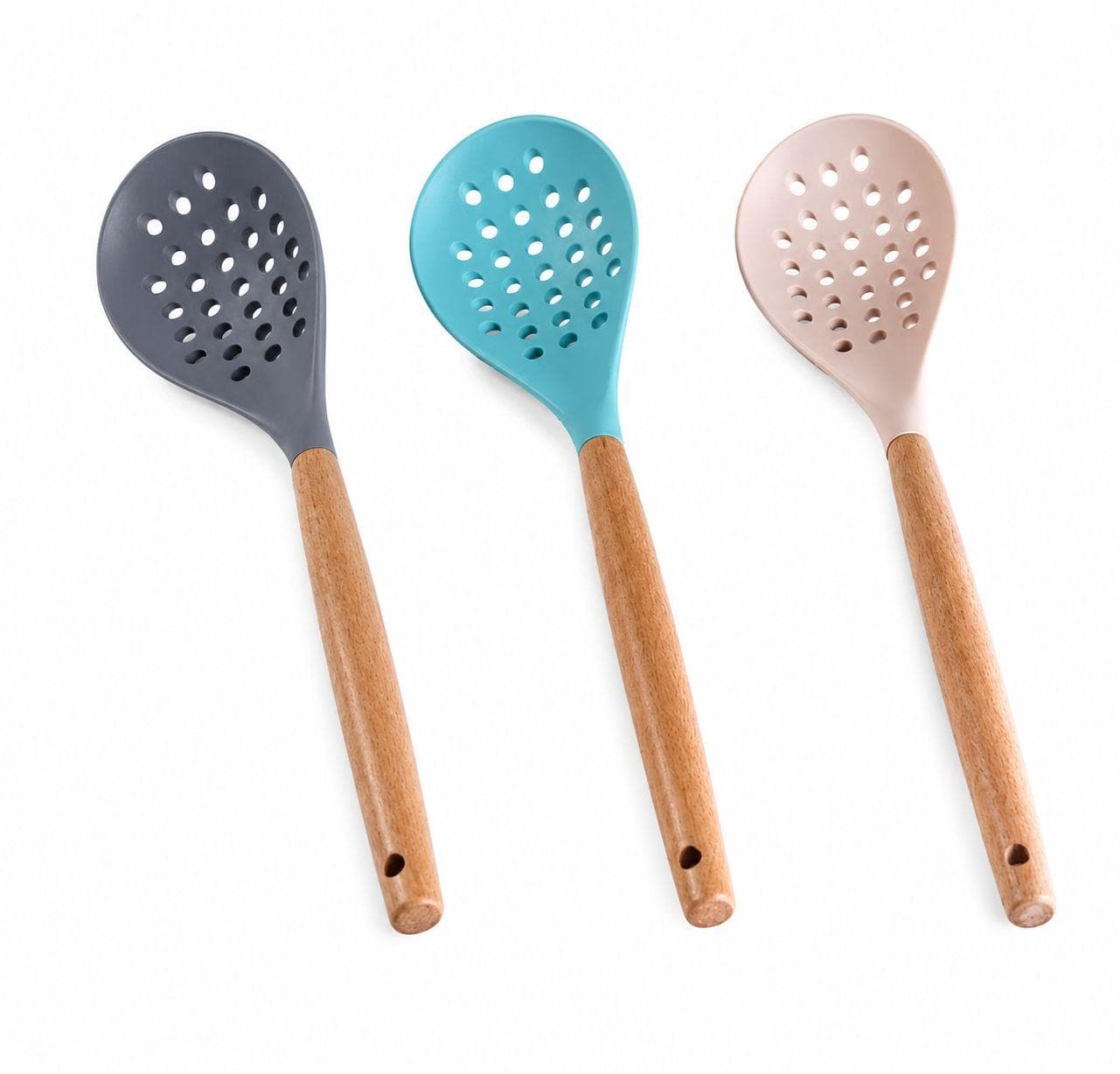 Silicone Strainer Spoon with Wooden Handle (32×8.5 cm) - Sky Blue 1