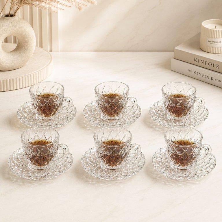 Clear Glass Tea Cup and Saucer 6Pcs Set