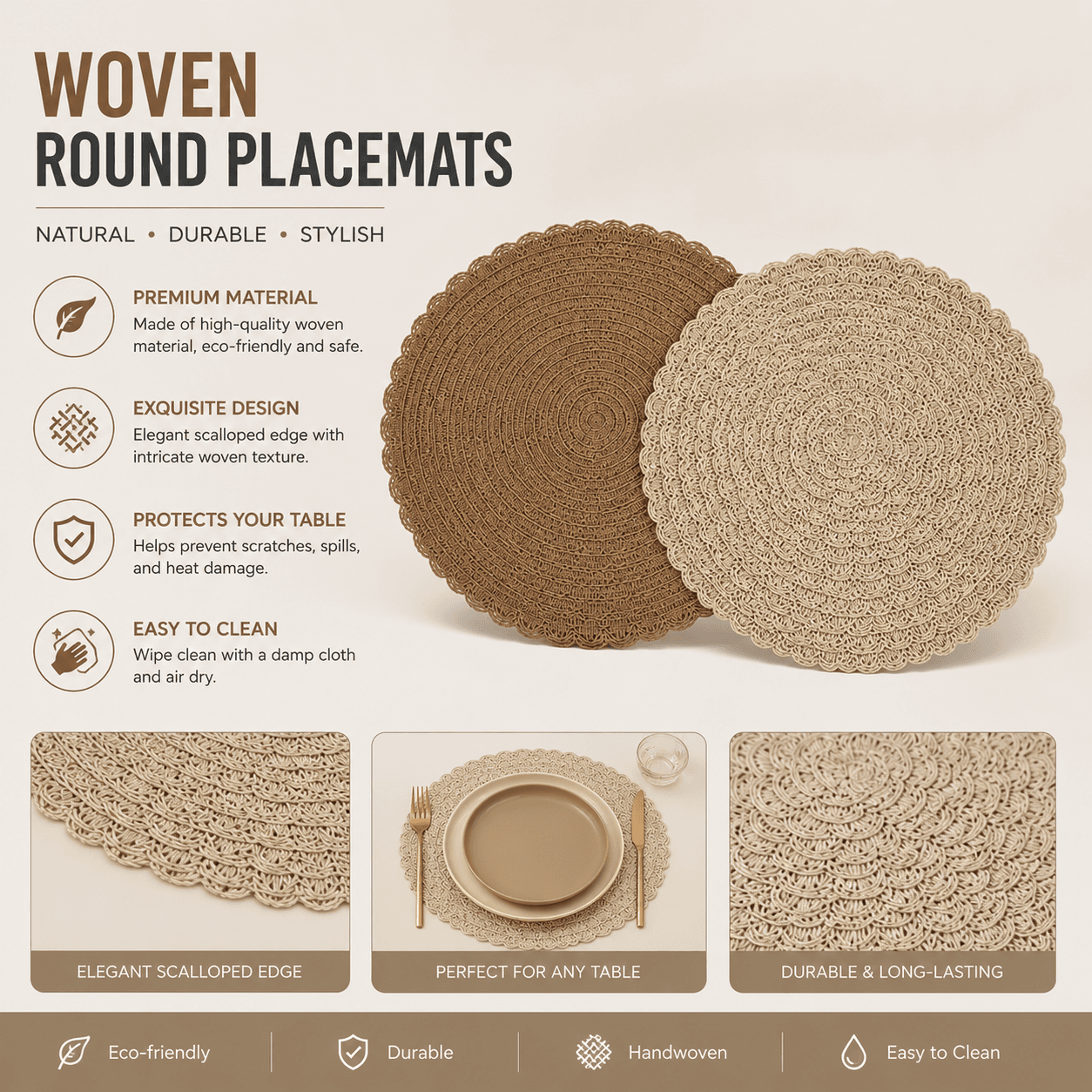Round Woven Paper Placemat - 38 cm - Set of 2 - Beige 7