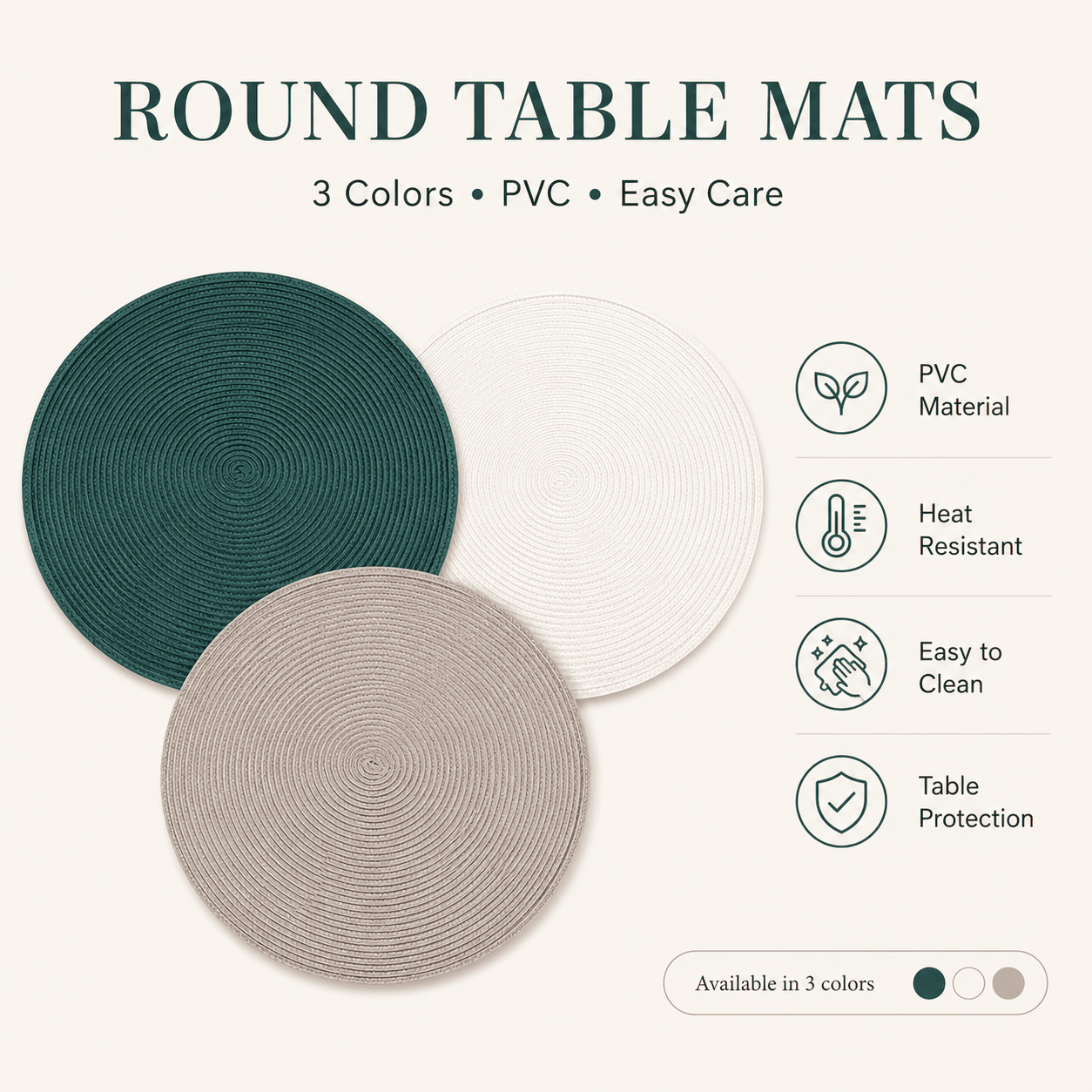 Round Polyester Placemat with Spiral Design for Table Protection - Set of 2 - 38 cm - Beige 5