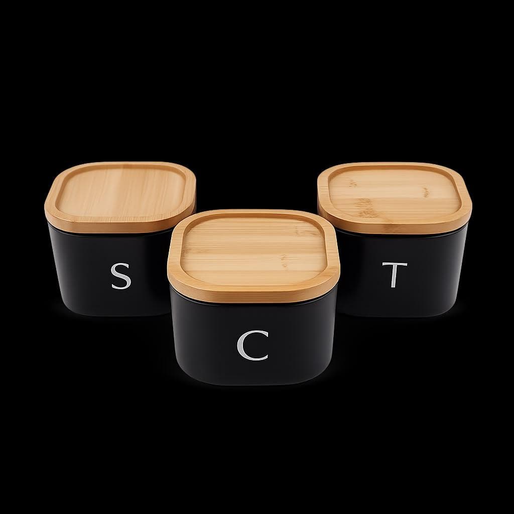 Airtight Storage Container Set with Wooden Lids - 3 Pieces - Black 6