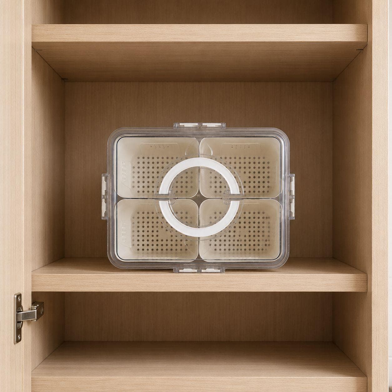 Clear 4-Compartment Food Storage Container with Center Handle and Drain Tray 4