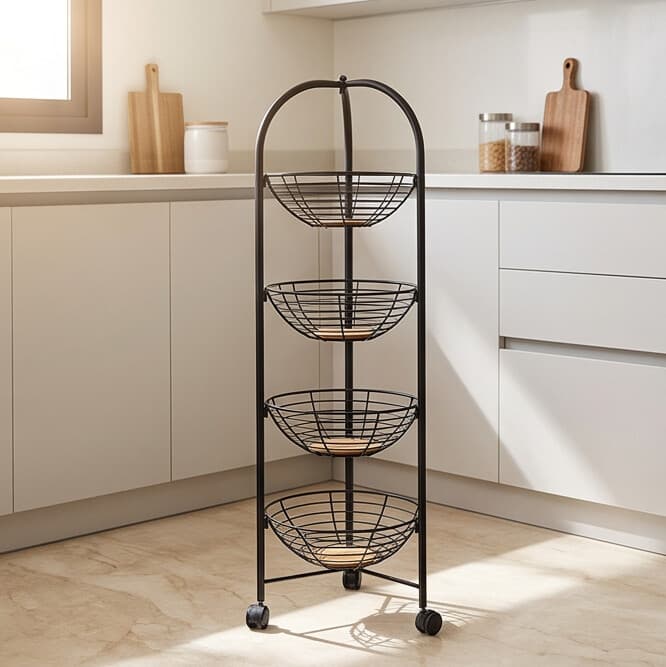 Metal Storage Cart with Four Tiers and Wheels - Black 2