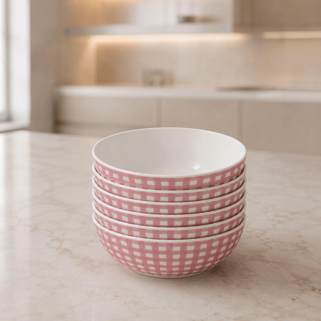 White Ceramic Bowl – Pink Checkered Design, Charming Feminine Touch