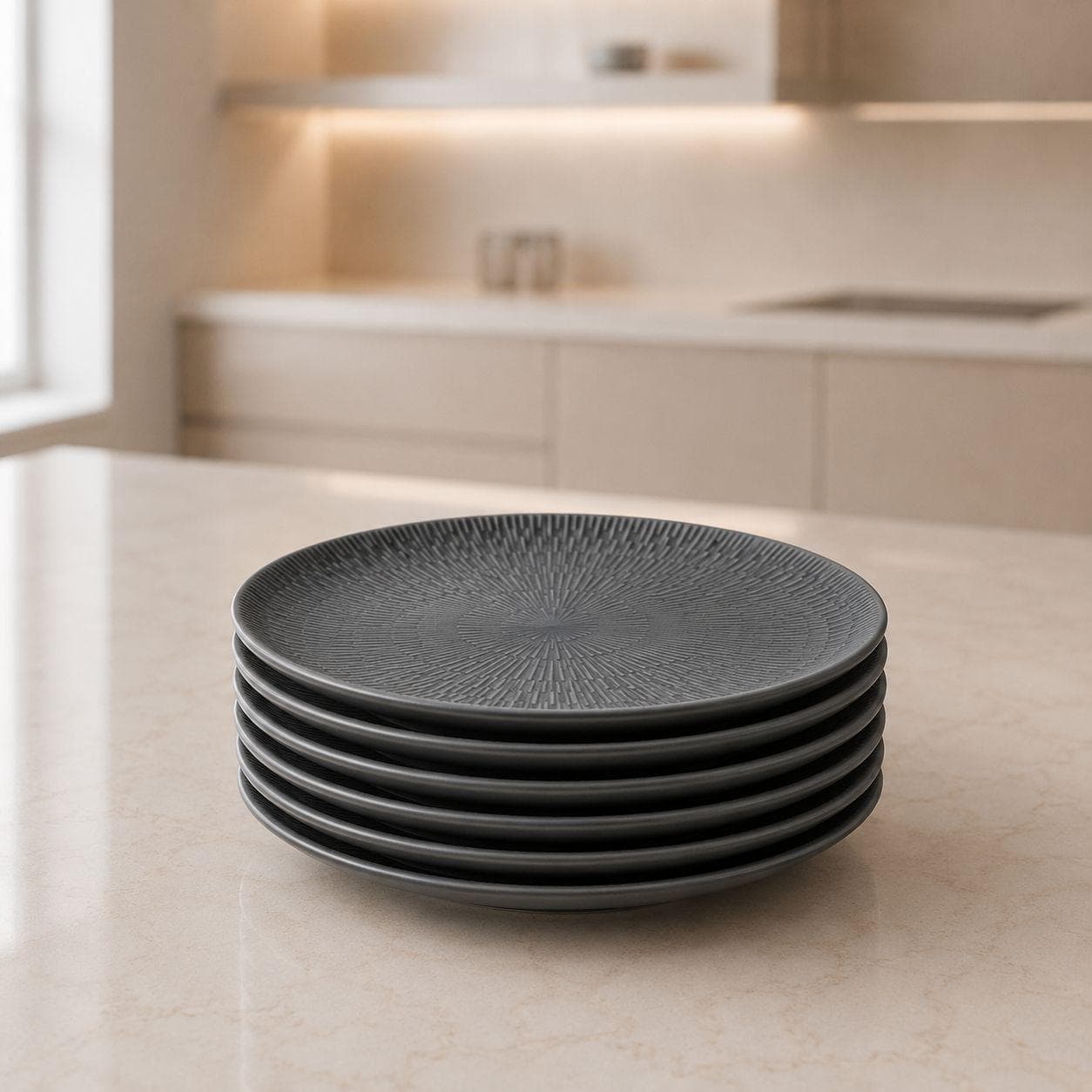 Luxury Medium Ceramic Serving Plate with Radial Ribbed Pattern in Gray Set of 6 Pieces – Size 20 cm

 2