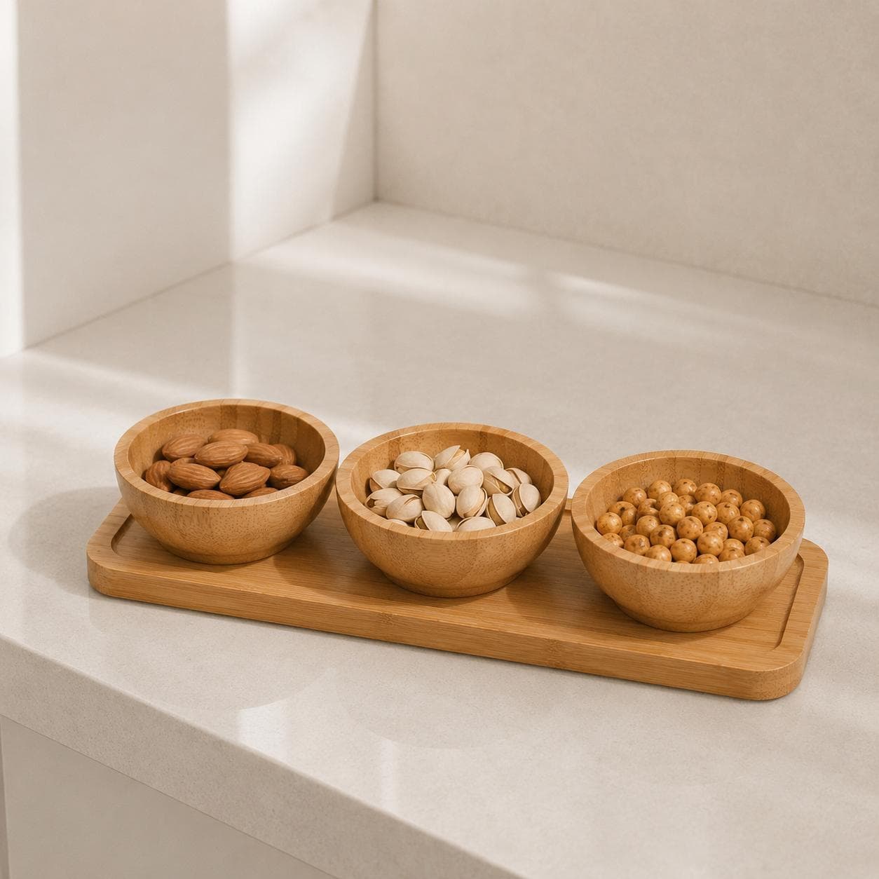 Bamboo Round Serving Bowl Set with Tray - 3 Pcs 2
