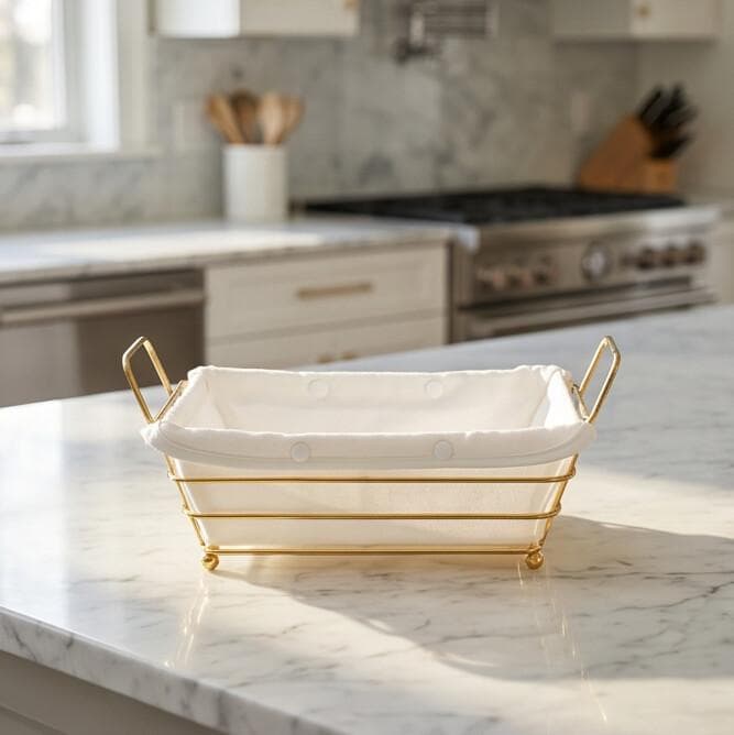 Rectangular Gold Metal Serving Basket with Handles for Bread & Fruits